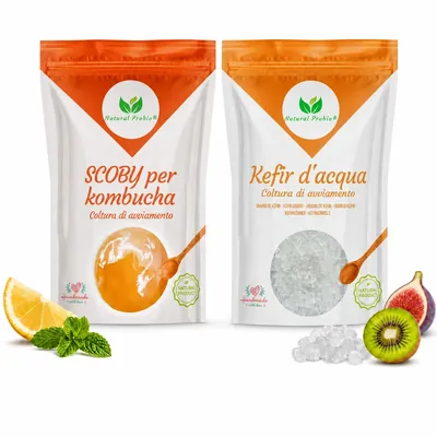 Set con granuli di kefir d'acqua e uno SCOBY di kombucha